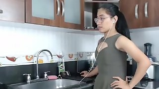 TS teen latina with Monster cock masturbates on the kitchen counter